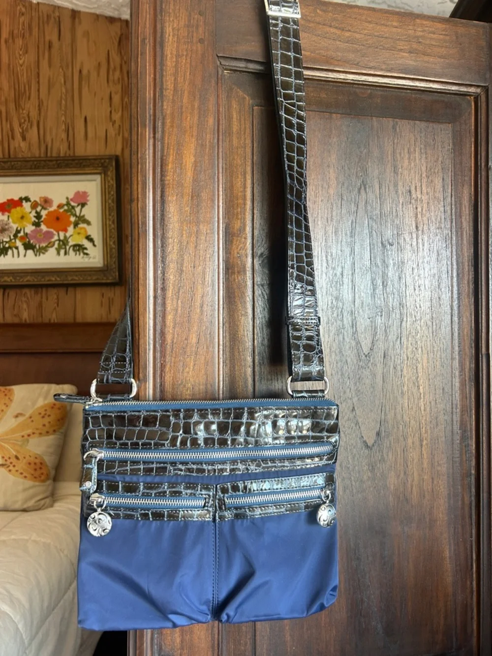 Brighton Navy Nylon Crossbody Bag with Croc Pattern Leather Trim